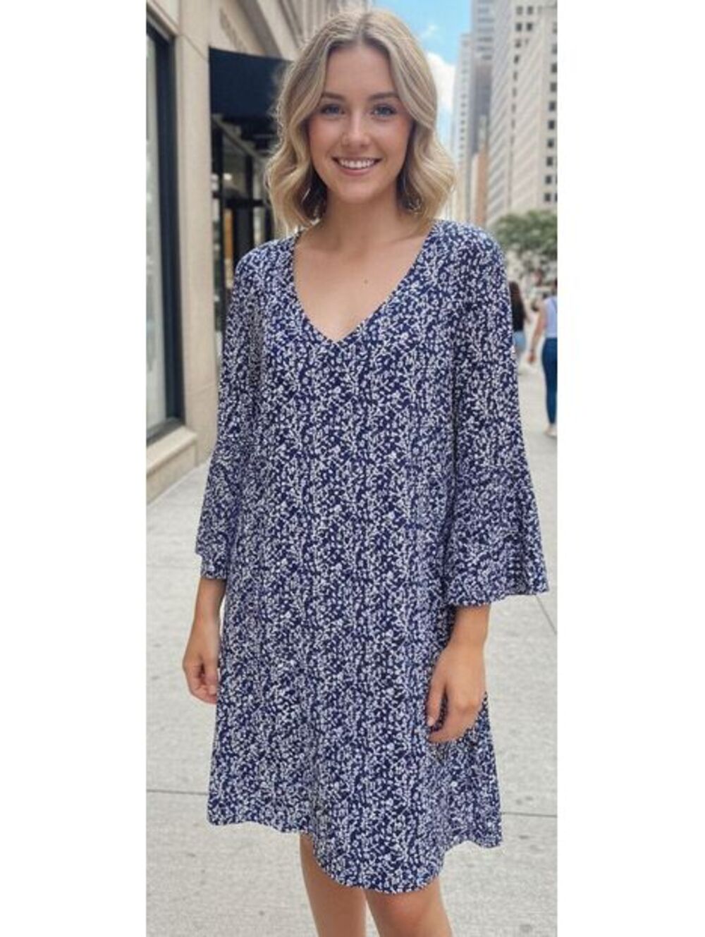 MSK Petite Navy Blue and White Floral Print Dress with Bell Sleeves, Size PXL - Picture 1 of 6